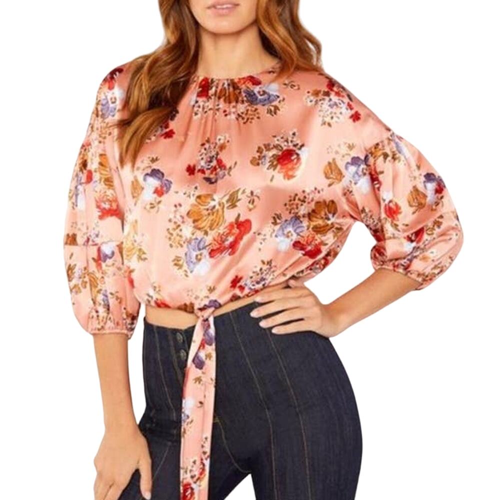 Cinq a Sept NWT Pascale Silk Top Floral Pink Size XS Elastic Cuff Front Hem Tie